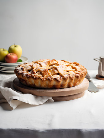 Homemade apple pie on a wooden board on a white tableclothの素材