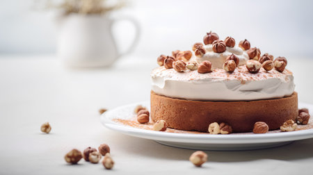 Cake with whipped cream and hazelnuts on a light backgroundの素材