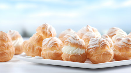 Cream puff pastry with whipped cream on white plate, closeupの素材