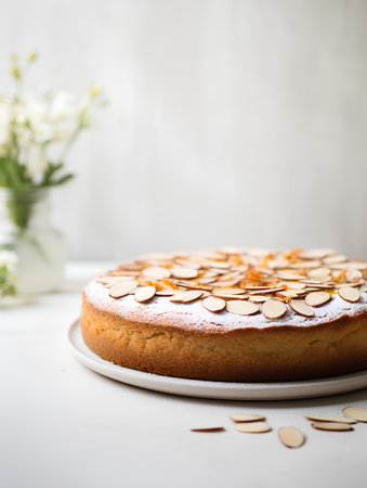 Homemade almond cake on a white background. Selective focus.の素材