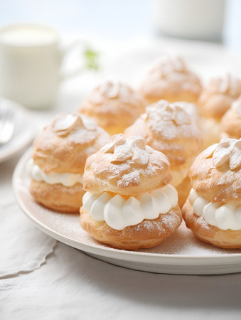 Delicious eclairs with whipped cream on a white plate.の素材