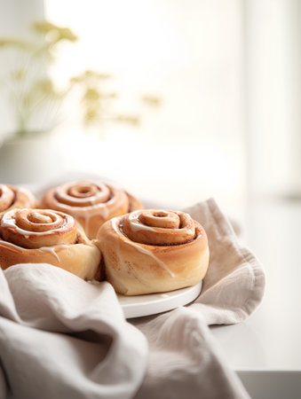 Freshly baked cinnamon rolls on a white plate. Selective focus.の素材