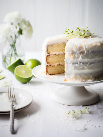 Cake with lime slices and flowers on a white background. Selective focus.の素材