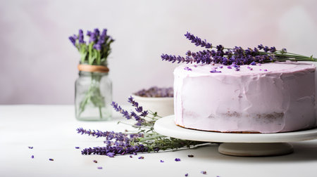 Lavender cheesecake with fresh lavender flowers on a white background.の素材