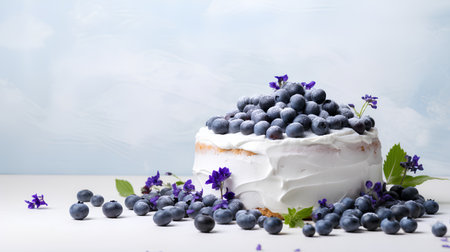 Blueberry cake with whipped cream and fresh blueberries on white backgroundの素材