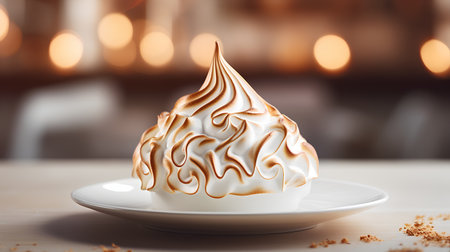 Creamy meringue on a white plate in a restaurantの素材