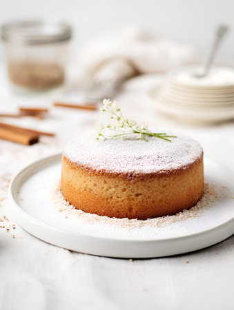 Cake with icing sugar on a white background. Selective focus.の素材