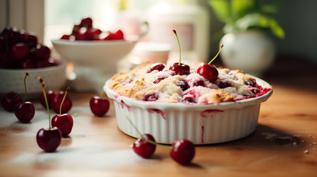 Homemade cherry pie with fresh cherries on rustic wooden tableの素材