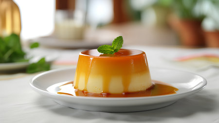 Panna cotta with caramel sauce on a plate, closeupの素材