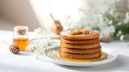 Stack of pancakes with honey and walnuts on a white plate.の素材