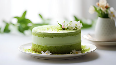 Green tea mousse cake with flowers on a light background. Selective focus.の素材