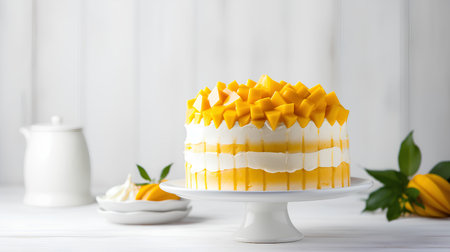 Cake with mango on a white background. Selective focus.の素材