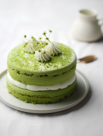 Green tea cake with whipped cream on a white background. Selective focus.の素材