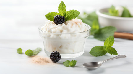 Cottage cheese with blackberries and mint in a glass on a white wooden backgroundの素材