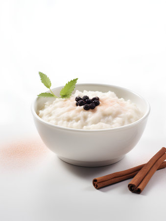 Rice porridge with raisins and cinnamon on white backgroundの素材