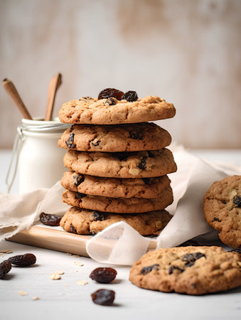 Homemade oatmeal cookies with raisins on a white wooden background.の素材