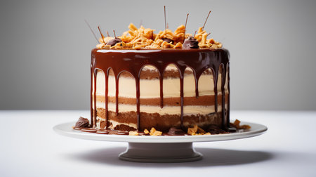 Piece of chocolate cake with whipped cream, caramel and nuts.の素材