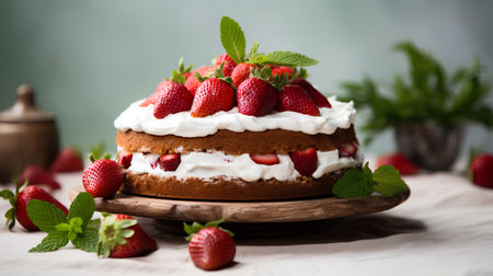 Strawberry cake with whipped cream and fresh strawberries on a wooden background. Selective focus.の素材
