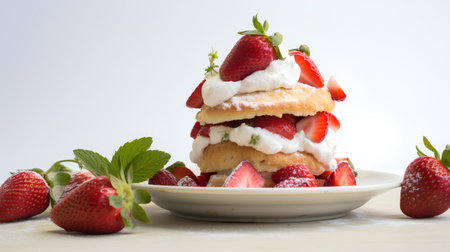 Stack of homemade cookies with strawberries and whipped cream on white background.の素材