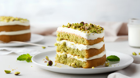 Pistachio cake with cream and pistachios, squareの素材