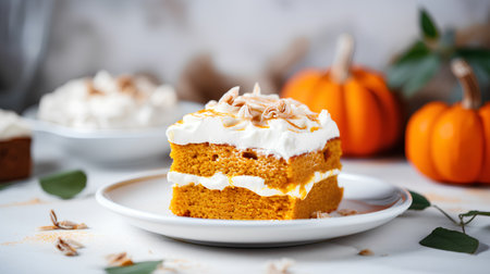 Pumpkin cake with whipped cream on a white background. toning. selective focusの素材