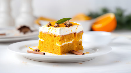 Orange cake with whipped cream and spices on a white background. Selective focus.の素材