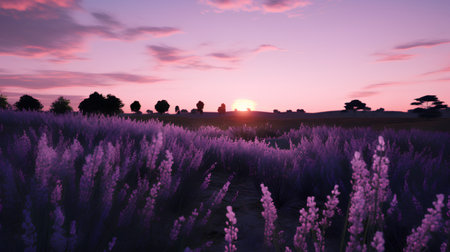 Beautiful sunset over lavender field. 3d render illustration.の素材