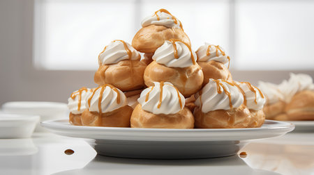 Cream puff eclairs with whipped cream on a white plateの素材