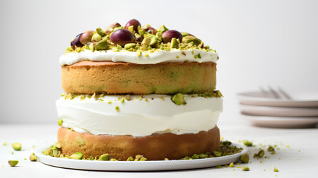 Pistachio cake with whipped cream and pistachios.の素材