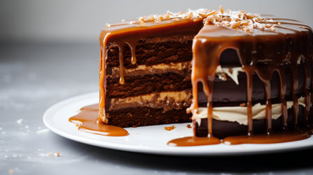 Chocolate cake on a white plate on a gray background, selective focusの素材