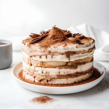 Tiramisu cake on a white background. Square image.の素材