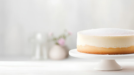 Delicious cheesecake with icing sugar on a white stand. Selective focus.の素材