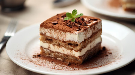 Piece of tiramisu cake on a plate, selective focusの素材