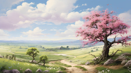 Beautiful spring landscape with blooming sakura tree and blue skyの素材