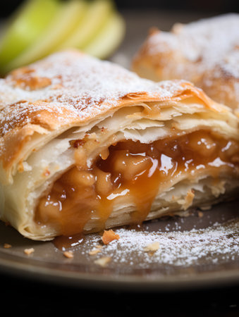 Apple strudel with caramelized apples on a plate, selective focus.の素材