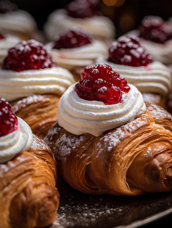 Freshly baked croissants with raspberries and whipped cream. Selective focus.の素材