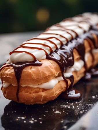 Chocolate eclair with whipped cream and chocolate sauce on black backgroundの素材