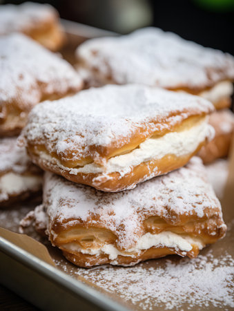 Delicious eclairs sprinkled with powdered sugar on a metal trayの素材
