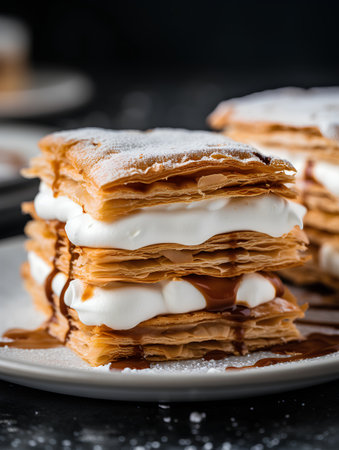 Pancakes with whipped cream and caramel on a black background.の素材