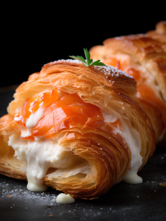 Fresh croissant with salmon and cream on a black background.の素材