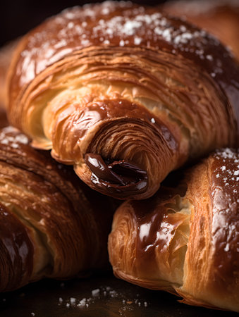 Freshly baked croissants with chocolate. Selective focus.の素材