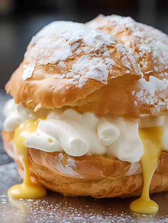Cream puff pastry with whipped cream and honey. Close-up.の素材
