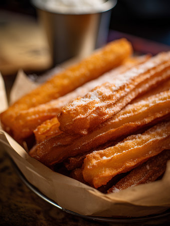 Churros with sugar powder on wooden background. Selective focus.の素材