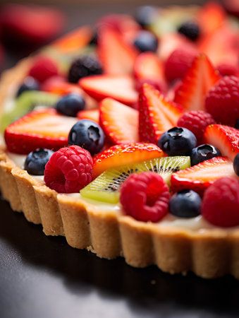 Delicious tart with fresh berries and fruits on a black background.の素材