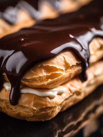 Chocolate eclair with whipped cream on a black background close upの素材