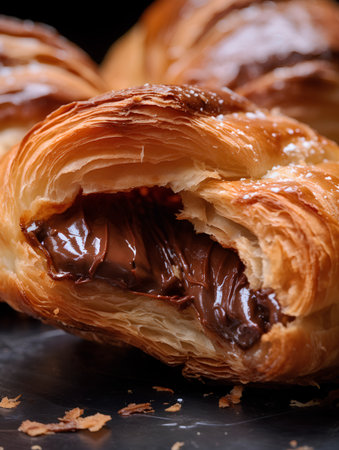 Freshly baked chocolate croissant on black background, closeupの素材