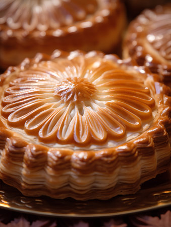 Close up of a fresh baked pie on a plate. Selective focus.の素材