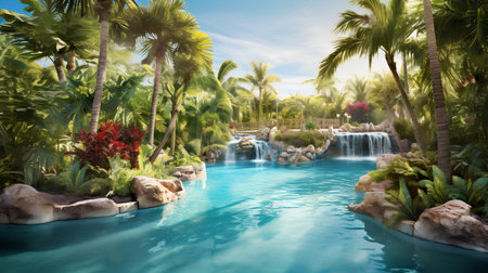 Tropical garden with palm trees and waterfalls. 3d renderの素材