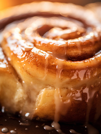 Cinnamon roll with condensed milk on a wooden background. Selective focus.の素材