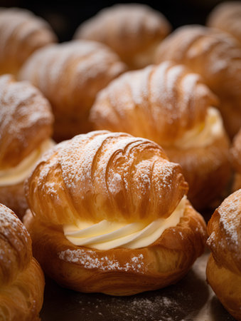 Close up of cream puff on wooden table. Selective focus.の素材